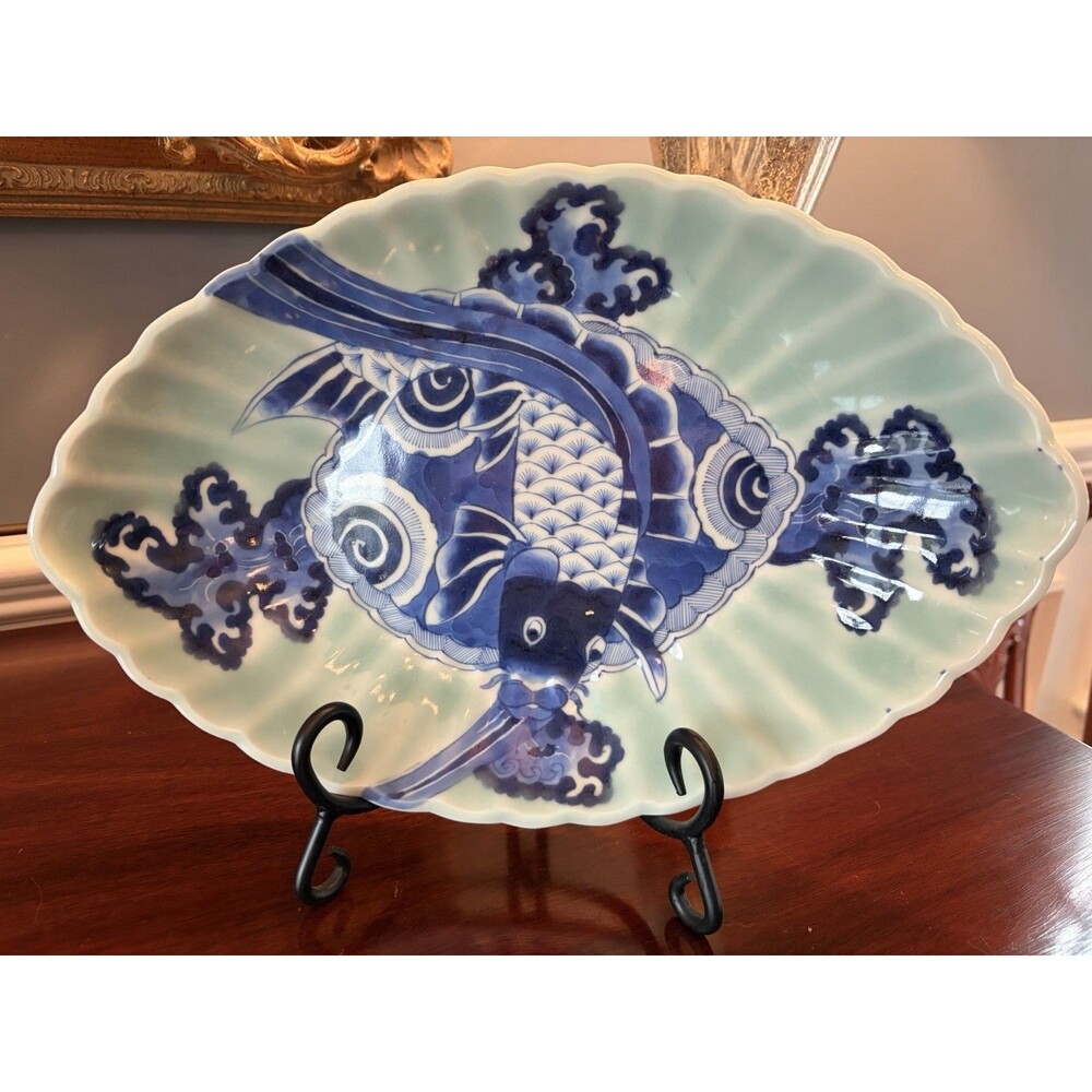 Antique Japanese Celadon and Blue Porcelain Koi Fish Scalloped Platter 12.5"